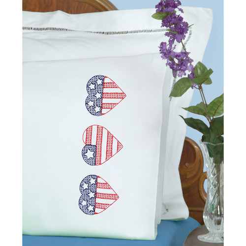 Jack Dempsey Stamped Pillowcases Perle Edge 2Pk-Usa Hearts - 5A003T91-1HQ4N