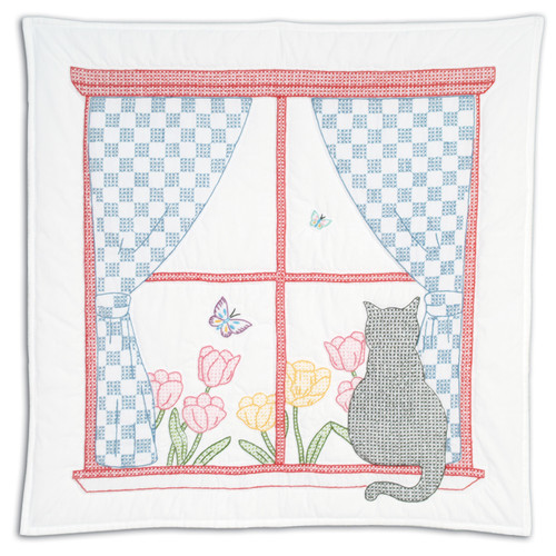 Jack Dempsey Stamped Theme Quilt Blocks 9"X9" 12/Pkg-Cat In A Window Theme - 5A003T8P-1HQ4K