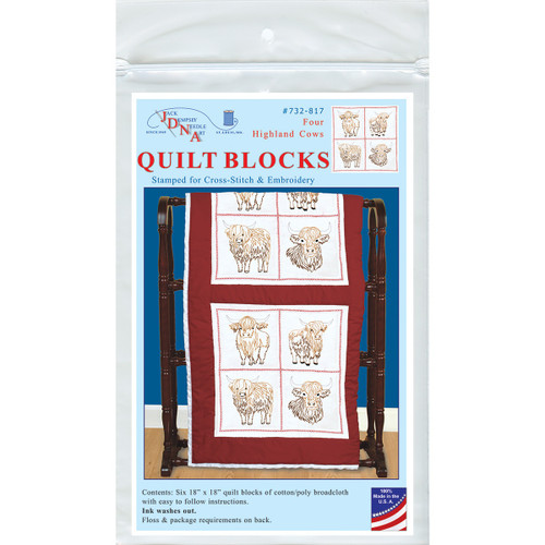 Jack Dempsey Stamped Quilt Blocks 18"X18" 6/Pkg-Four Highland Cows - 5A003T93-1HQ4L - 013155478174