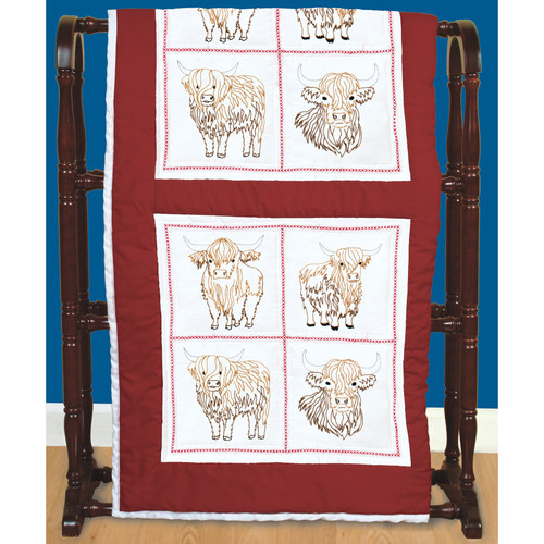 Jack Dempsey Stamped Quilt Blocks 18"X18" 6/Pkg-Four Highland Cows - 5A003T93-1HQ4L