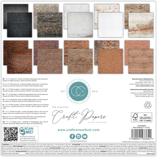 Craft Consortium Double-Sided Paper Pad 12"X12" 30/Pkg-Brick Textures 2 - 5A003S30-1HNZ7