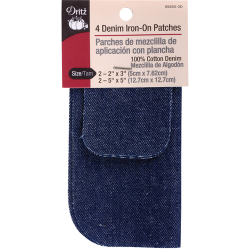 Dritz Denim Iron-On Patches (2) 2"X3" & (2) 5"X5" 4/Pkg-Dark Blue - 55255-3D - 072879150629