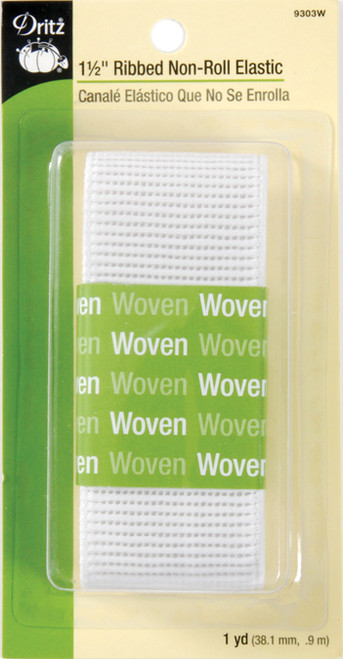 Dritz Non-Roll Ribbed Woven Elastic 1-1/2"X1yd-White - 9303-W - 072879093032