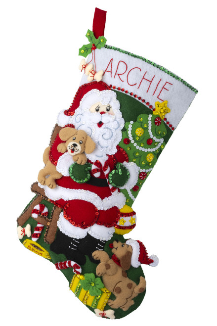 Bucilla Felt Stocking Applique Kit 18" Long-Jolly Pups Santa - 89556E - 046109895567