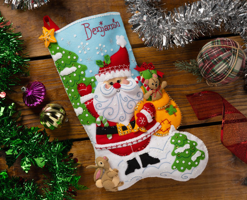 Bucilla Felt Stocking Applique Kit 18" Long-Retro Holiday Santa - 5A002HRJ-1GKB0