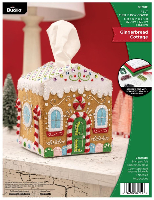 Bucilla Tissue Box Cover Felt Applique Kit 5"X5"X6.25"-Gingerbread Cottage - 5A00324F-1H3SF - 046109897813