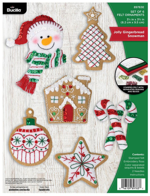 Bucilla Felt Ornaments Applique Kit Set Of 6-Jolly Gingerbread Snowman - 5A00324C-1H3SK - 046109897837
