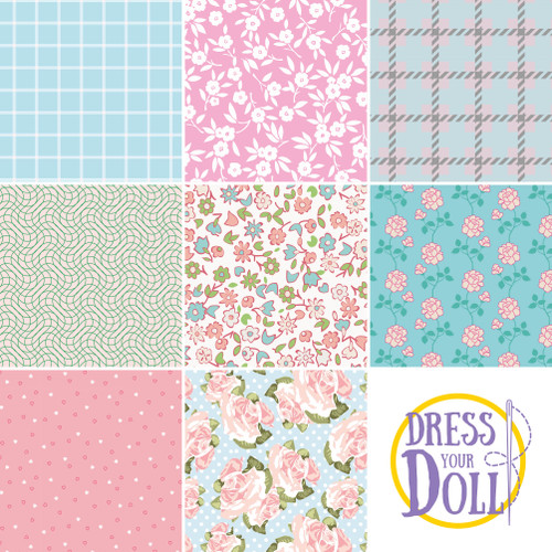 DRESS YOUR DOLL Fabric Assortment for Sewing DIY Doll Clothes Making Kit PASTEL Patterned Craft Fabric Squares 11.6" x 8.4" Set of 8 Creative Kit Sewing Supplies for Fashion Doll Clothes