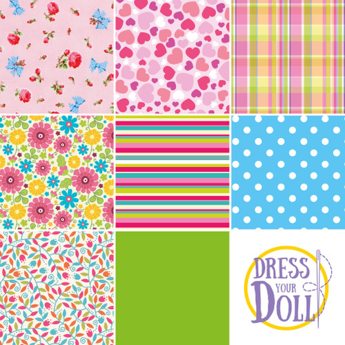DRESS YOUR DOLL Fabric Assortment for Sewing DIY Doll Clothes Making Kit SPRING Patterned Craft Fabric Squares 11.6" x 8.4" Set of 8 Creative Kit Sewing Supplies for Fashion Doll Clothes