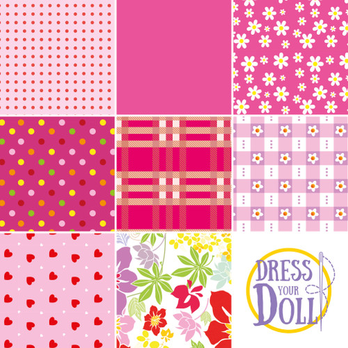 DRESS YOUR DOLL Fabric Assortment for Sewing DIY Doll Clothes Making Kit PINK Patterned Craft Fabric Squares 11.6" x 8.4" Set of 8 Creative Kit Sewing Supplies for Fashion Doll Clothes
