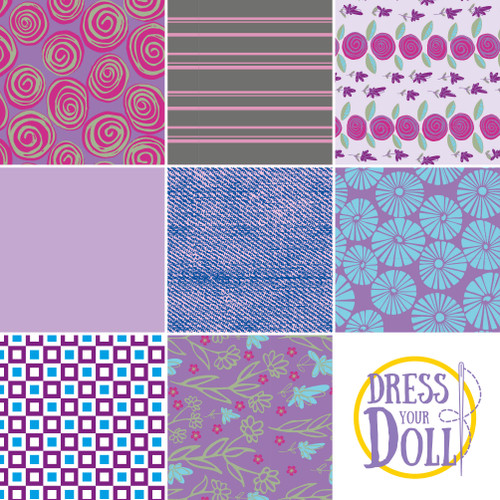 DRESS YOUR DOLL Fabric Assortment for Sewing DIY Doll Clothes Making Kit PURPLE Patterned Craft Fabric Squares 11.6" x 8.4" Set of 8 Creative Kit Sewing Supplies for Fashion Doll Clothes