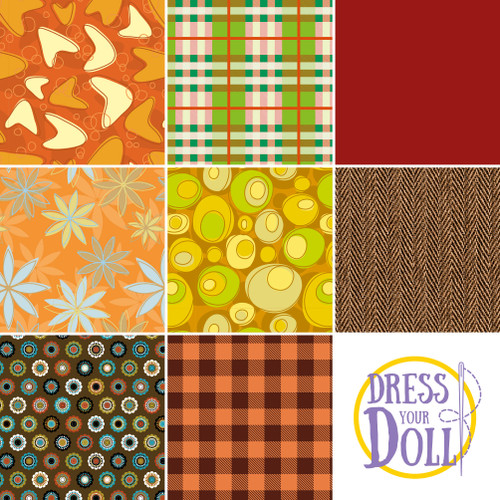 DRESS YOUR DOLL Fabric Assortment for Sewing DIY Doll Clothes Making Kit AUTUMN Patterned Craft Fabric Squares 11.6" x 8.4" Set of 8 Creative Kit Sewing Supplies for Fashion Doll Clothes