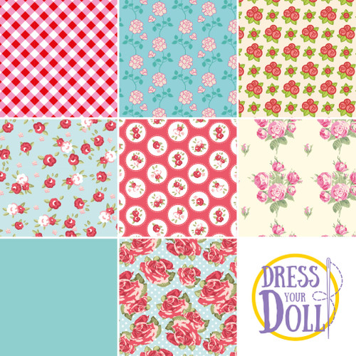 DRESS YOUR DOLL Fabric Assortment for Sewing DIY Doll Clothes Making Kit RED ROSES Patterned Craft Fabric Squares 11.6" x 8.4" Set of 8 Creative Kit Sewing Supplies for Fashion Doll Clothes