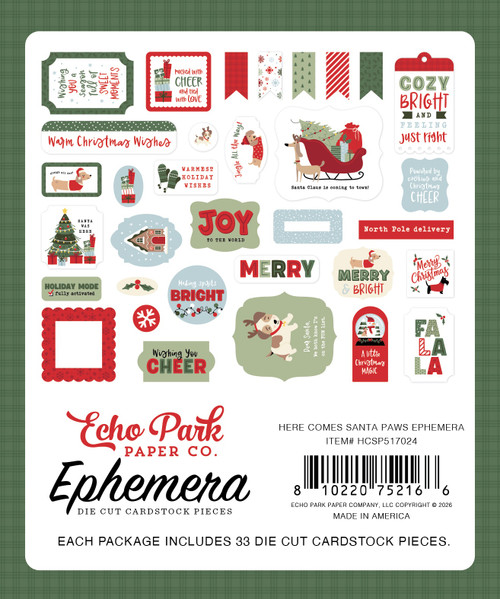 3 Pack - Echo Park Ephemera-Here Comes Santa Paw - 5A003W0L-1HRJK