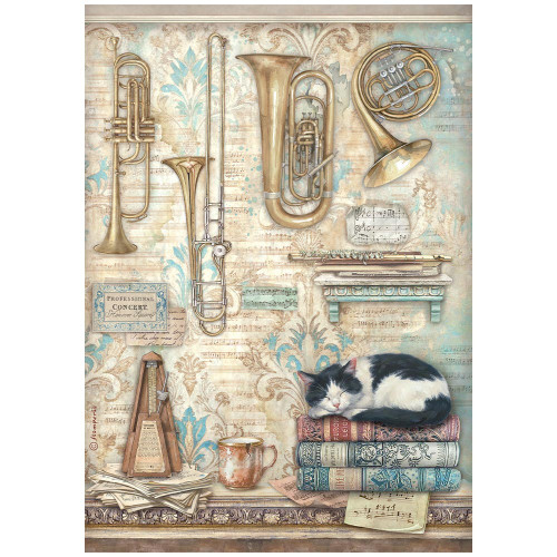 Stamperia Symphony Rice Paper Sheet A4-Trumpets and Cat - 5A003TCZ-1HQC1 - 5993110053231