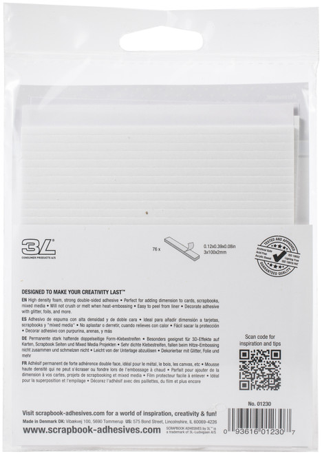 10 Pack - Scrapbook Adhesives 3D Foam Strips 76/Pkg-White, 0.12"X3.93"X0.08" - 01230
