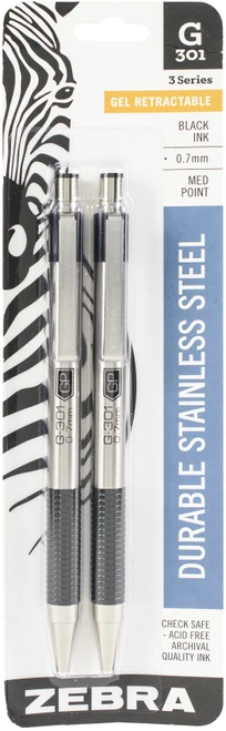 6 Pack - Zebra G301 Stainless Steel Gel Retractable Pens .7mm 2/Pkg-Medium Point, Black Ink - 41312 - 045888413122