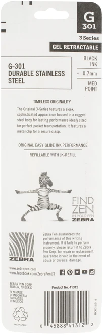 6 Pack - Zebra G301 Stainless Steel Gel Retractable Pens .7mm 2/Pkg-Medium Point, Black Ink - 41312
