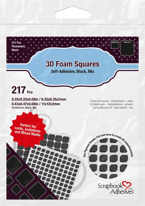 10 Pack - Scrapbook Adhesives 3D Foam Squares Variety Pack 217/Pkg-Black (63) .5"X.5", (154) .25"X.25" - 01615 - 093616016152