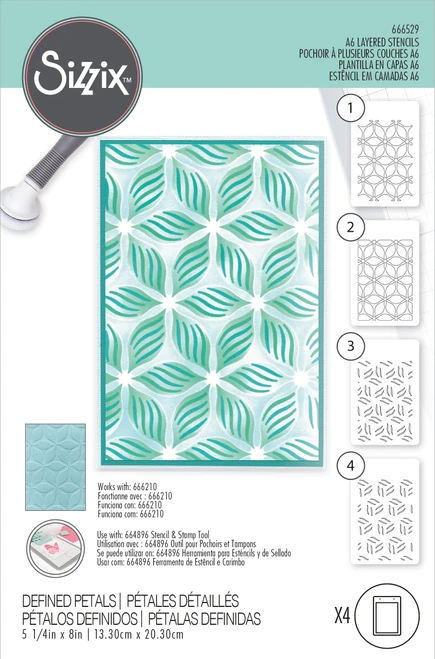 Sizzix A6 Layered Stencils 4/Pkg-Defined Petals - 666529 - 630454287803