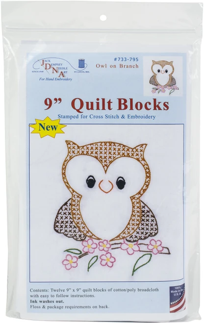 2 Pack - Jack Dempsey Stamped White Quilt Blocks 9"X9" 12/Pkg-Owl on Branch - 733 795 - 013155487954