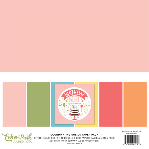 Echo Park Double-Sided Solid Cardstock 12"X12" 6/Pkg-Birthday Girl, 6 Colors IG262015 - 793888081703