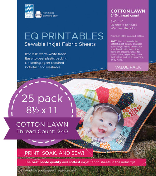 EQ Inkjet Printable Cotton Lawn Fabric Sheets 8.5"X11"-25/Pkg P-CL025 - 657920111561