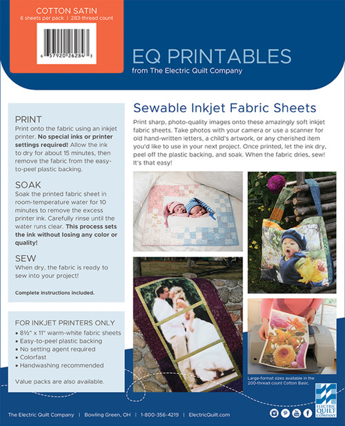 EQ Inkjet Printable Cotton Satin Fabric Sheets 8.5"X11"-6/Pkg - P-CS811 EQ Inkjet Printable Cotton Satin Fabric Sheets 8.5"X11"-6/Pkg - P-CS811