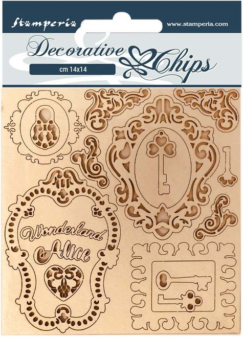 3 Pack Stamperia Decorative Chips 5.5"X5.5"-Alice Keys & Frames SCB5.5-75 - 5993110015857