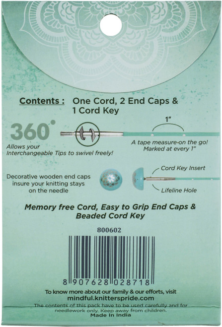 5 Pack Knitter's Pride-Mindful Swivel Cords 11" (20" W/Tips)-Teal KP800602