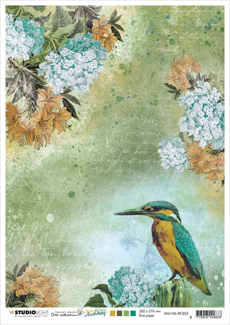10 Pack Jenine's Mindful Art New Awakening Rice Paper Sheet A4-NR. 05, Kingfisher/Flowers NARICE05 - 8713943124833