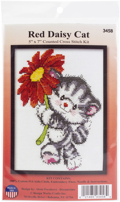Design Works Counted Cross Stitch Kit 5"X7"-Red Daisy Cat (14 Count) DW3458 - 021465034584