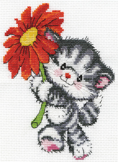Design Works Counted Cross Stitch Kit 5"X7"-Red Daisy Cat (14 Count) DW3458
