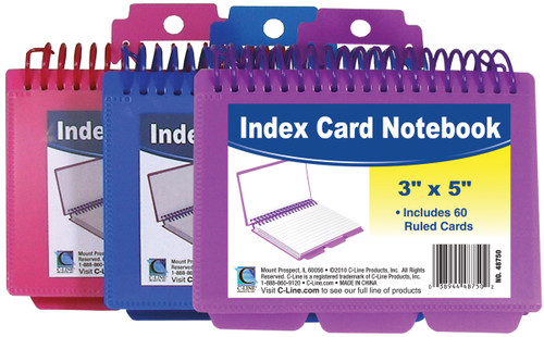 6 Pack Spiral-Bound Index Card Notebook 3"X5" W/60pgs & 3 Tabs-Assorted Colors -48750 - 038944487502