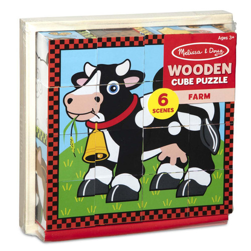 Melissa & Doug Wooden Cube Puzzle 16pcs 8"X8"-Farm - MD775
