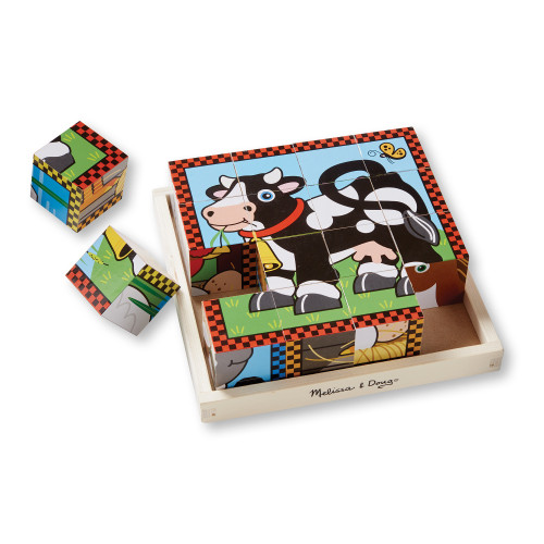 Melissa & Doug Wooden Cube Puzzle 16pcs 8"X8"-Farm MD775