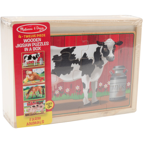 Melissa & Doug Wooden Jigsaw Puzzles In A Box 12pcs 4/pkg-Farm Animals - MD3793 - 000772037938