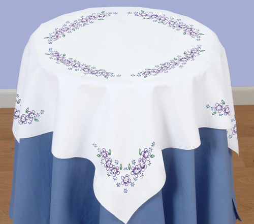 Jack Dempsey Stamped White Perle Edge Table Topper 35"X35"-Lavender Flowers - 550 694