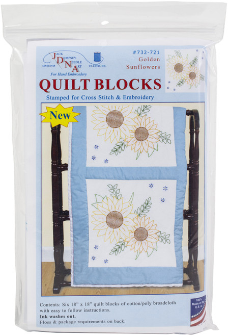 Jack Dempsey Stamped White Quilt Blocks 18"X18" 6/Pkg-Golden Sunflowers 732 721 - 013155477214
