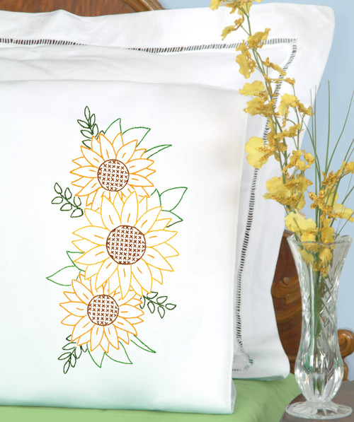 Jack Dempsey Stamped Pillowcases W/White Perle Edge 2/Pkg-Golden Sunflowers - 1600 721 Jack Dempsey Stamped Pillowcases W/White Perle Edge 2/Pkg-Golden Sunflowers - 1600 721