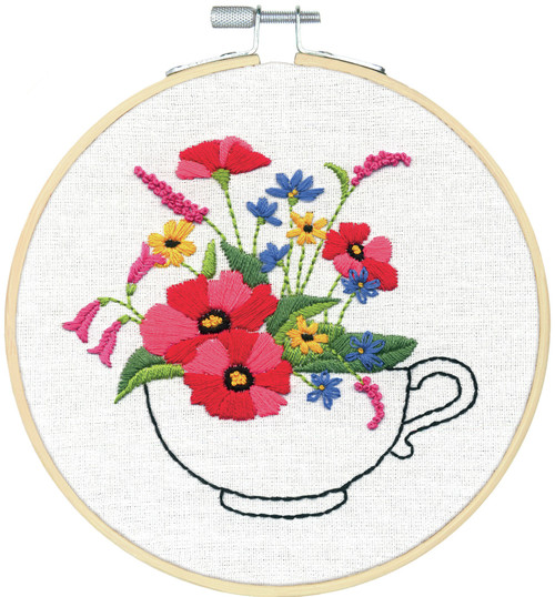 2 Pack Dimensions Embroidery Kit 6" Round-Teacup Bouquet-Stitched In Thread 72-76195