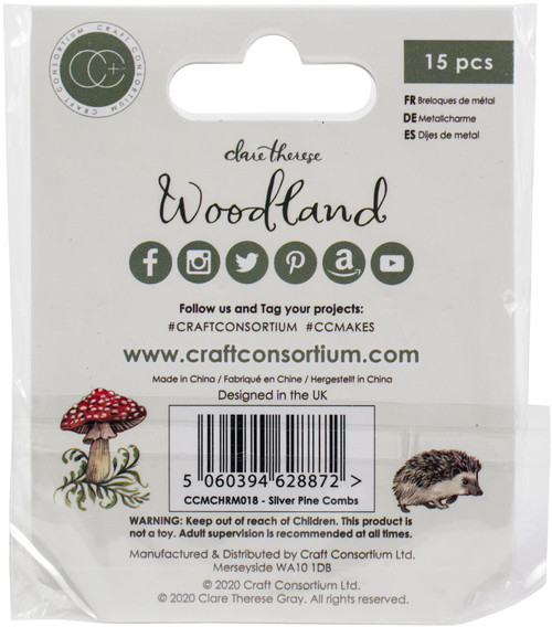 5 Pack Craft Consortium Woodland Metal Charms 15/Pkg-Silver Pine Comb CCMCHR18