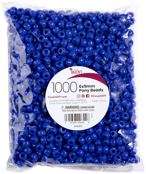 CousinDIY Pony Beads 6mmx9mm 1,000/Pkg-Opaque Blue PB1000-833 - 191648096446