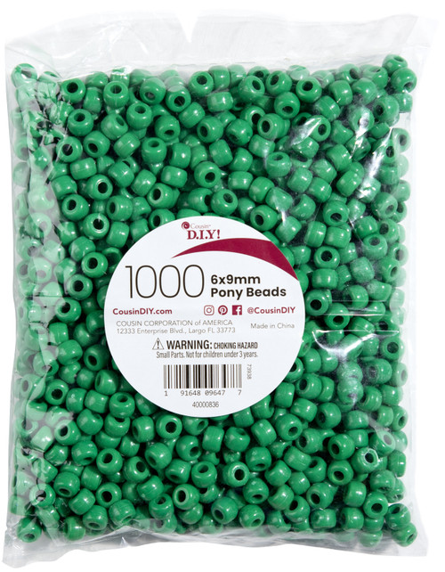 CousinDIY Pony Beads 6mmx9mm 1,000/Pkg-Opaque Green PB1000-836 - 191648096477