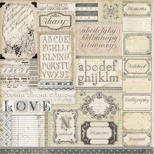 10 Pack Stamperia Double-Sided Cardstock 12"X12"-Patchwork Of Labels, Calligraphy SBB739