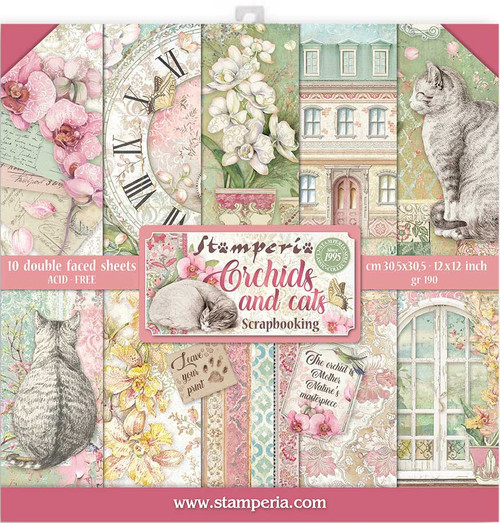Stamperia Double-Sided Paper Pad 12"X12" 10/Pkg-Orchids & Cats, 10 Designs/1 Each - SBBL81 Stamperia Double-Sided Paper Pad 12"X12" 10/Pkg-Orchids & Cats, 10 Designs/1 Each - SBBL81