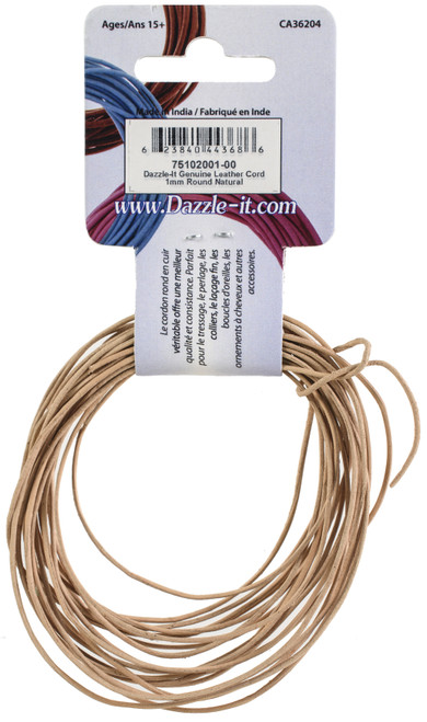 John Bead Dazzle-It Genuine Leather Cord 1mm Round 5yd-Natural - 75102001-00 John Bead Dazzle-It Genuine Leather Cord 1mm Round 5yd-Natural - 75102001-00