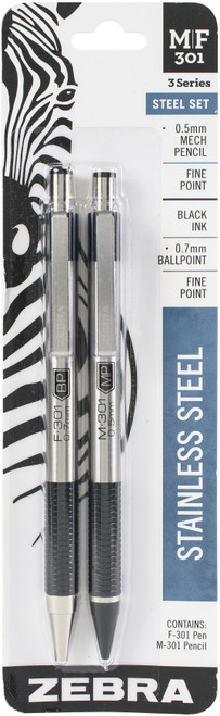 2 Pack Zebra M/F 301 Stainless Steel Pen & Pencil Set 2/Pkg-Pen 0.7mm & Mechanical Pencil 0.5mm 57011 - 045888570115