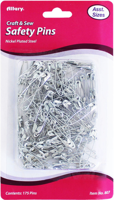12 Pack Allary Safety Pins 175/Pkg-Nickel Plated, Assorted Sizes 807A - 750557008072