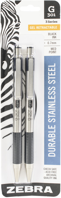 Zebra G301 Stainless Steel Gel Retractable Pens .7mm 2/Pkg-Medium Point, Black Ink - 41312 - 045888413122